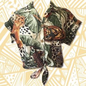 Vintage Jungle Pattern Button Up Knotted Crop Top